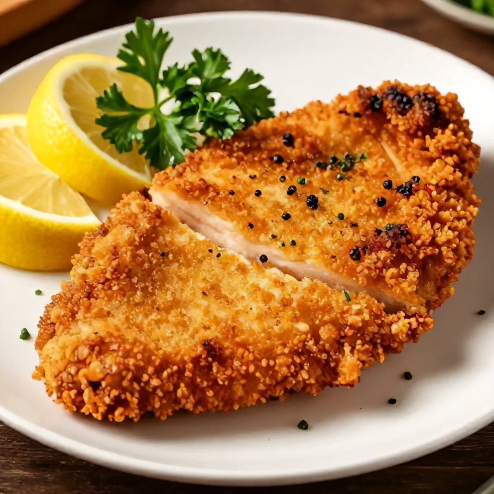 Plated air fryer chicken cutlets with lemon wedges