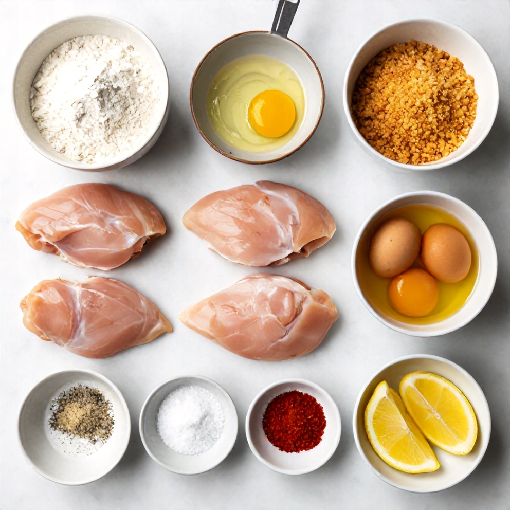 Raw ingredients for air fryer chicken cutlets on a marble surface