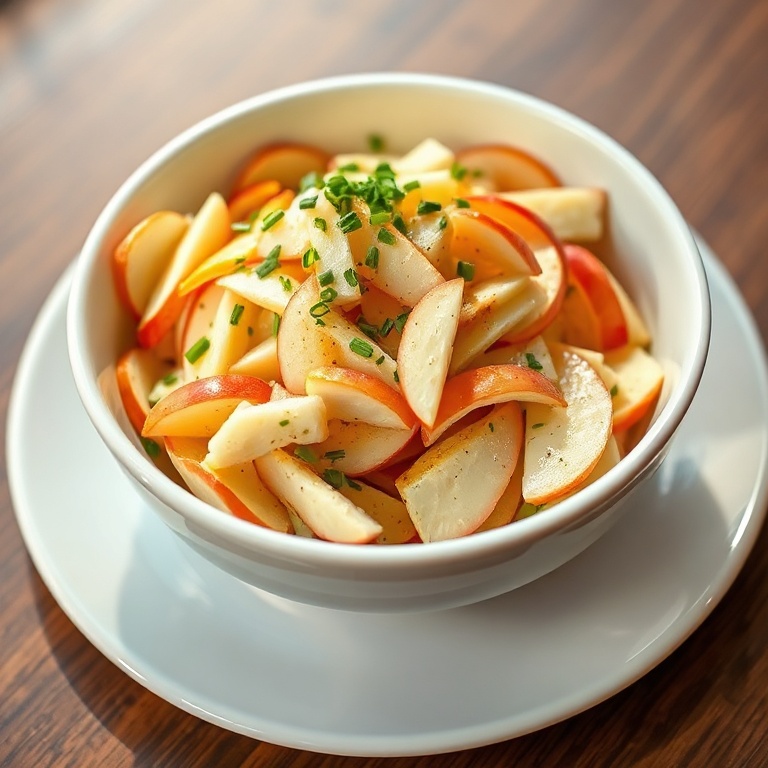 One serving of Apple Manchego Salad with Chives, chives sprinkled on top, plated deep white salad bowl, close crop, dressed and glossy.