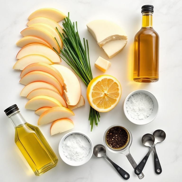 Overhead of sliced apples, Manchego cheese, fresh chives, lemon, olive oil, and black pepper arranged with prep bowls on a white marble surface.