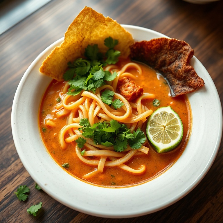 Perfectly plated birria ramen with crispy edges, fresh cilantro, and lime. Warm lighting highlights the textures.