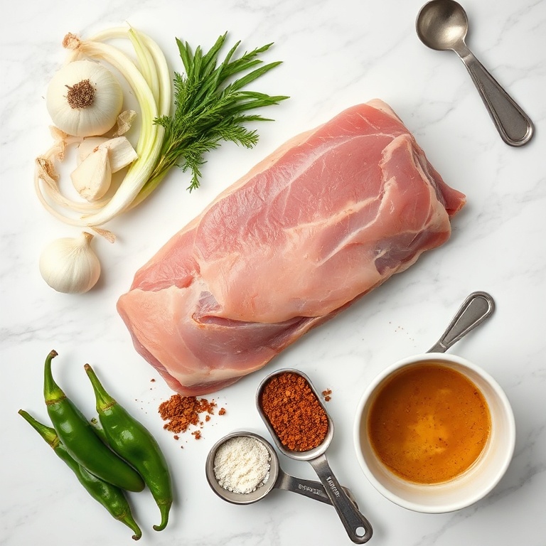 Raw ingredients for birria ramen: pork shoulder, onions, garlic, jalapeños, and spices. Measuring spoons and bowls nearby on a white surface.