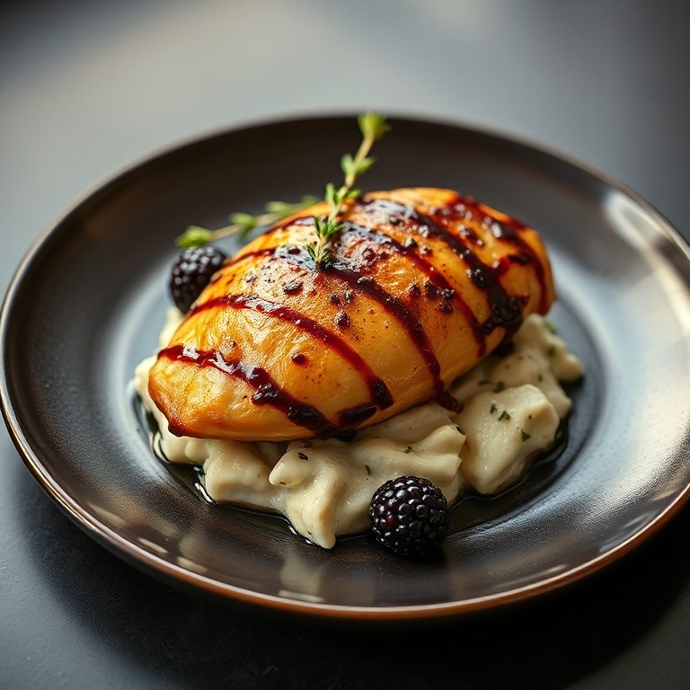 One perfect plated serving of Baked Blackberry Balsamic Chicken with thyme. Plate is dark ceramic. Warm side lighting highlights texture. Photorealistic food photography.