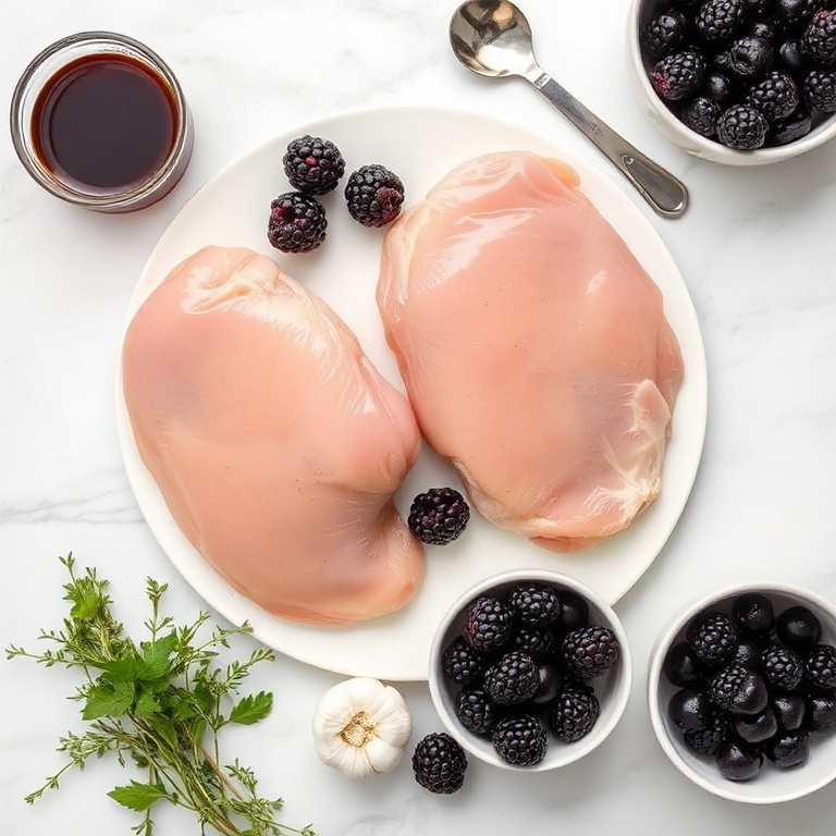 Overhead flat lay of raw ingredients for Baked Blackberry Balsamic Chicken. Chicken breasts, blackberries, balsamic vinegar, garlic, and fresh thyme clearly visible. Measuring spoons and bowls nearby. White marble surface. Bright even light. Photorealistic food photography.