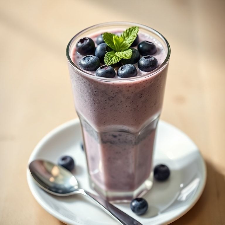 Tall glass of blueberry yogurt smoothie garnished with fresh mint and a cluster of blueberries, on a white plate, close and vivid.