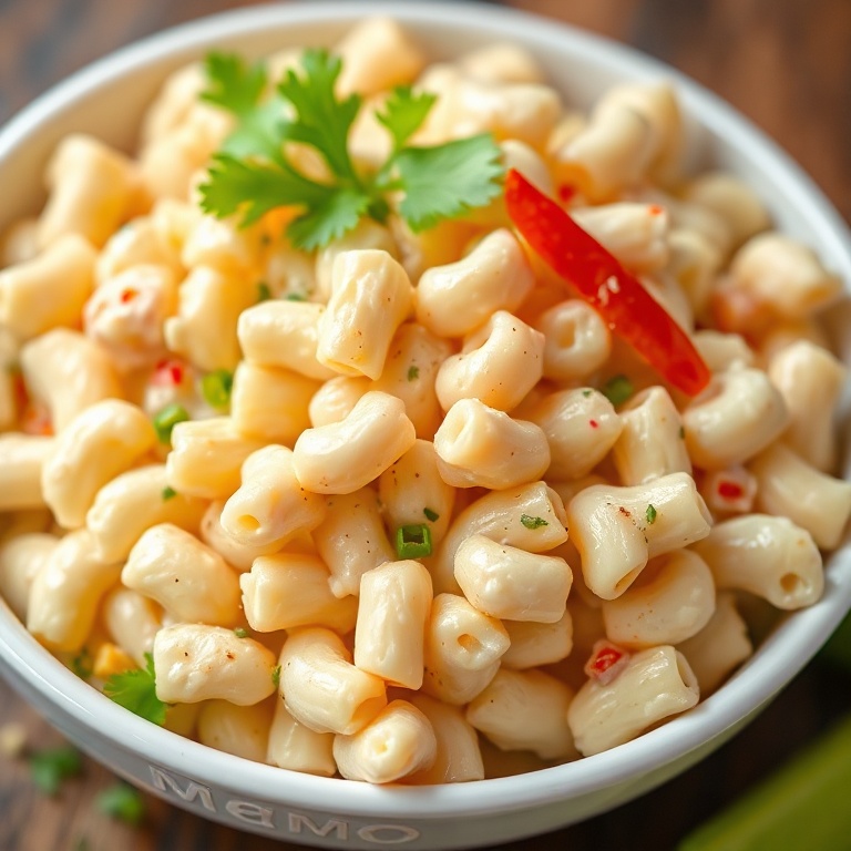 Macaroni salad in a white bowl. Garnished with celery and paprika. Close-up of creamy texture and fresh ingredients.