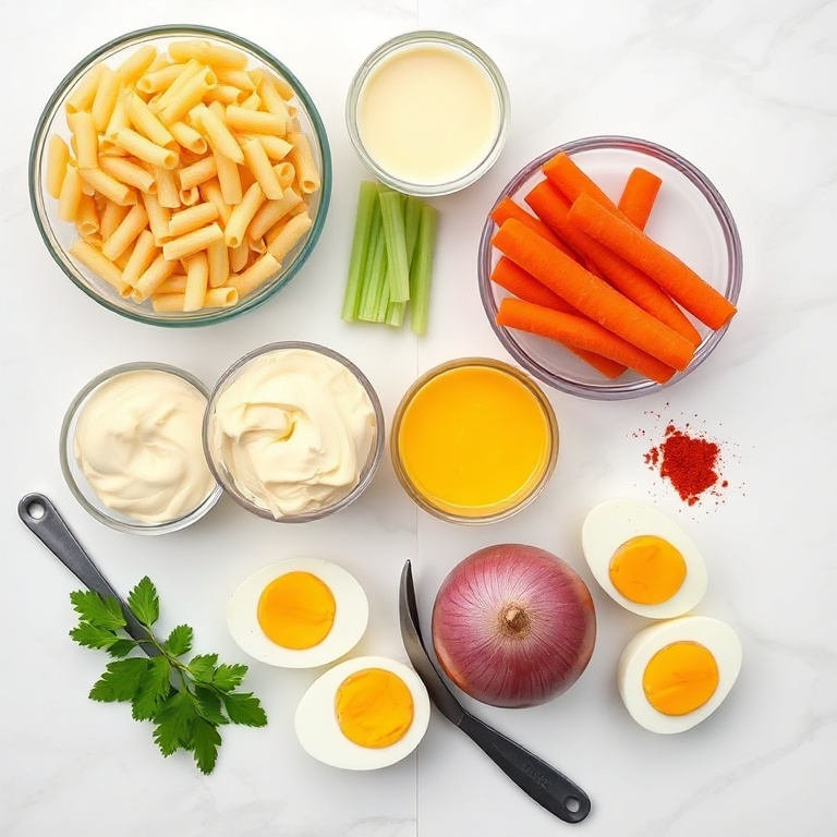 Macaroni, mayonnaise, mustard, celery, carrots, red onion, hard-boiled eggs, and paprika arranged in a flat lay.