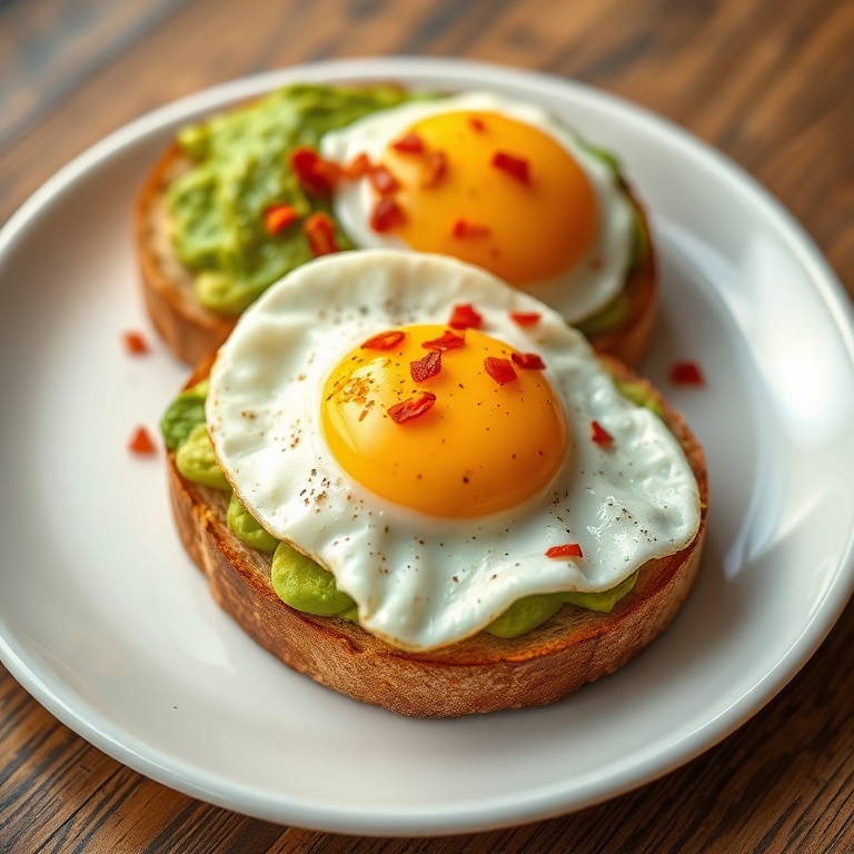 Perfect avocado toast with eggs. Garnished with chili flakes. Close-up on a white plate with warm side lighting.