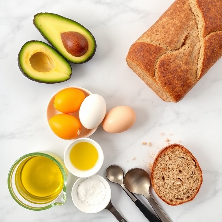 Fresh avocado, eggs, whole grain bread, olive oil, and sea salt. Overhead shot of ingredients on marble surface with measuring tools.