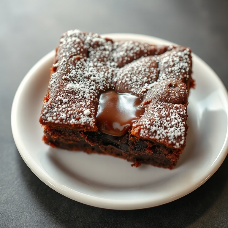 One perfect fudgy brownie on a small white dessert plate with a dusting of powdered sugar, gooey chocolate pocket visible