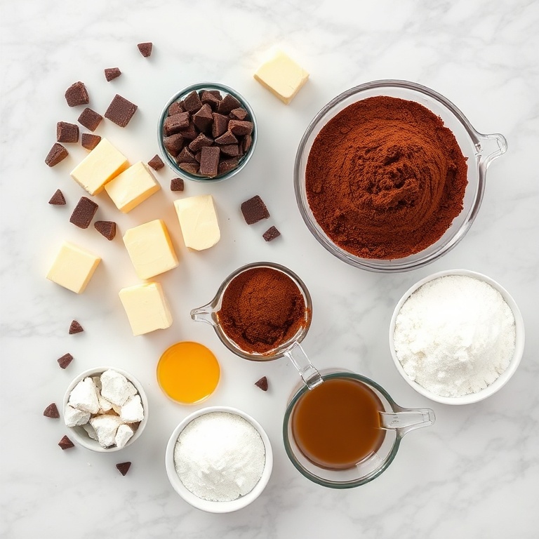 All raw brownie ingredients neatly arranged overhead on white marble: chocolate, butter, eggs, cocoa powder, sugar, with prep bowls and measuring cups