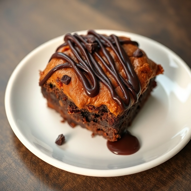 A single perfect serving of fudgy chewy browkies with a chocolate drizzle. Dark chocolate garnish on a white plate.