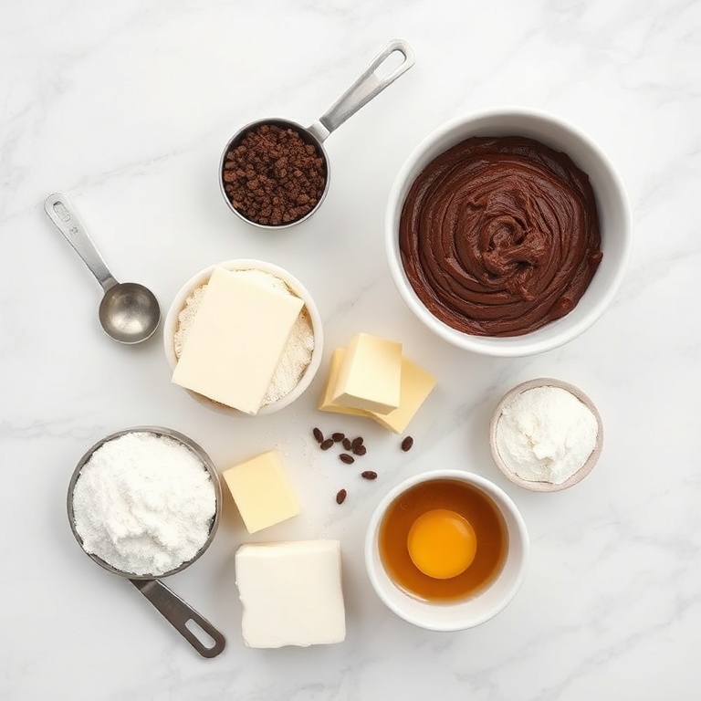 Overhead shot of all raw ingredients for fudgy chewy browkies. Measuring spoons and bowls visible. Flour, sugar, cocoa, butter, and eggs in focus.