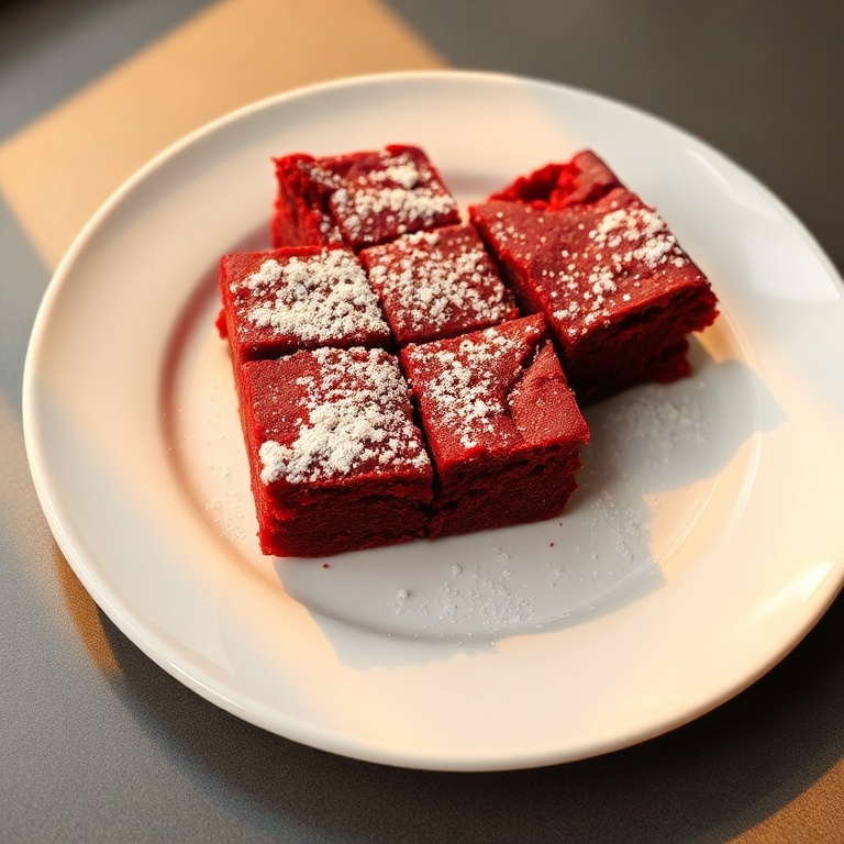 A perfectly plated red velvet brownie with a dusting of powdered sugar. Warm side lighting highlights the moist texture.