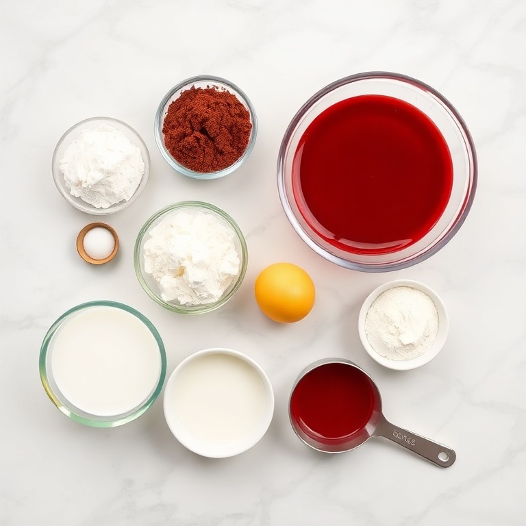 A flat lay of red velvet brownie ingredients. Flour, cocoa powder, sugar, eggs, buttermilk, and red food coloring visible.