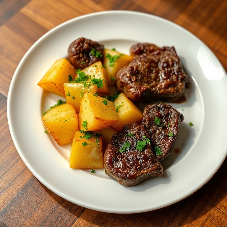 One serving of garlic steak bites and potatoes, garnished with chopped parsley on a simple white plate, close up and warmly lit for texture detail.