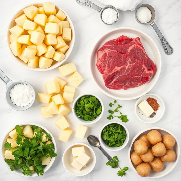Overhead flat lay of raw sirloin steak cubes, baby potatoes, fresh garlic, chopped parsley, and butter, arranged with prep bowls and measuring spoons.