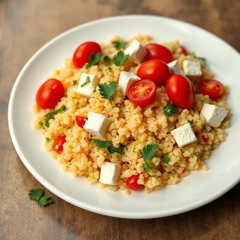 Plated Mediterranean couscous salad with feta, cherry tomatoes, and parsley on a white plate