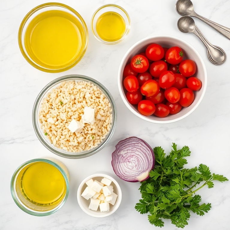 Raw ingredients for Mediterranean couscous salad: couscous, cherry tomatoes, cucumber, red onion, feta cheese, olive oil, lemon juice, parsley