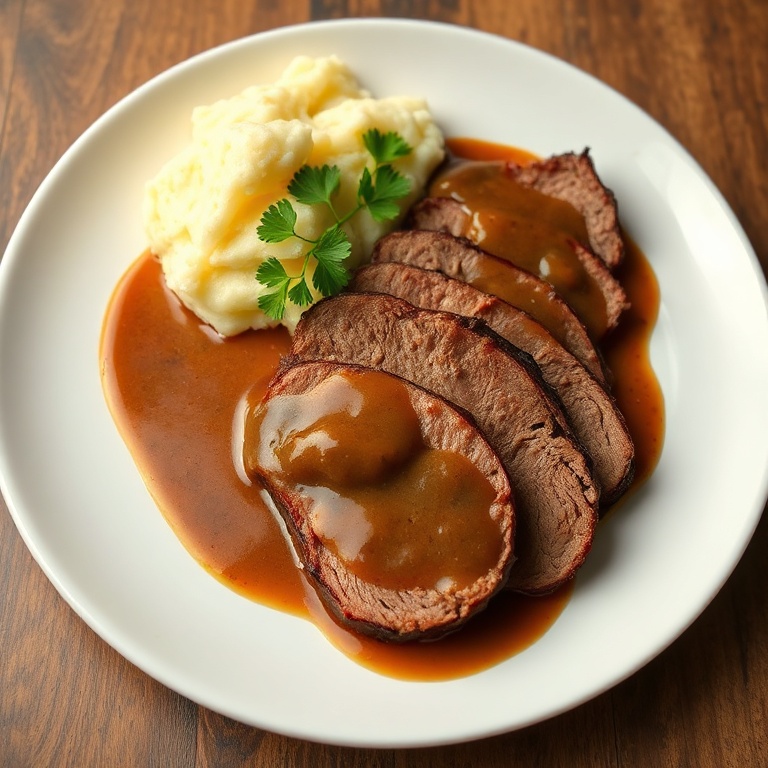 A perfectly plated serving of beef brisket with gravy. The meat is sliced and arranged on a white plate. A side of mashed potatoes is included. Fresh parsley is used as a garnish.