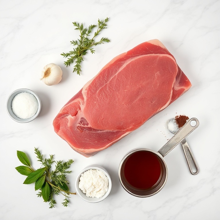 A flat lay of beef brisket, beef broth, garlic, thyme, bay leaves, salt, and pepper. Measuring spoons and a bowl are visible. The ingredients are arranged neatly on a white marble surface.