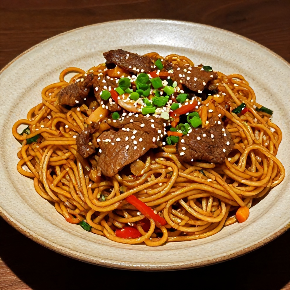 Plated noodles with beef and veggies. Garnished with green onions and sesame seeds. Rustic ceramic plate highlights the dish's texture.