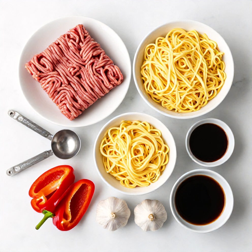 Raw ground beef, egg noodles, bell peppers, garlic, soy sauce, and ginger arranged in a flat lay. Measuring spoons and bowls add a realistic prep feel.