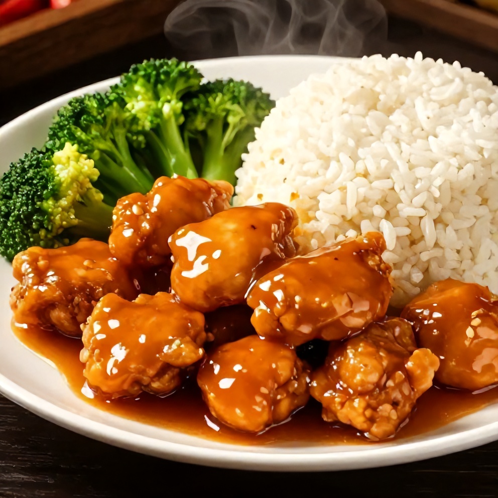 Plated orange chicken with steamed rice and broccoli