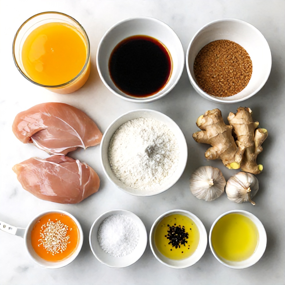 Raw ingredients for orange chicken: chicken, orange juice, soy sauce, garlic, ginger, cornstarch, brown sugar, green onions, sesame seeds