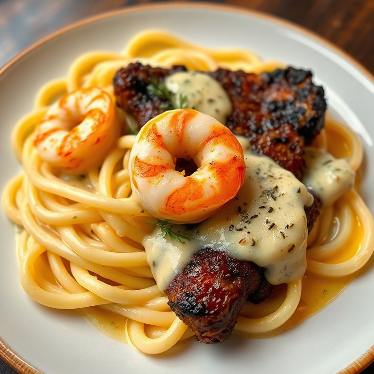 Blackened Steak and Shrimp Alfredo