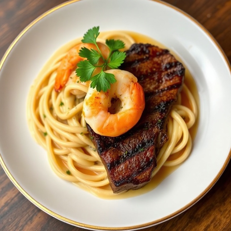 A single serving of Blackened Steak and Shrimp Alfredo. Topped with fresh parsley. Served on a white plate with golden edges and a rich sauce. Warm lighting brings out every detail.