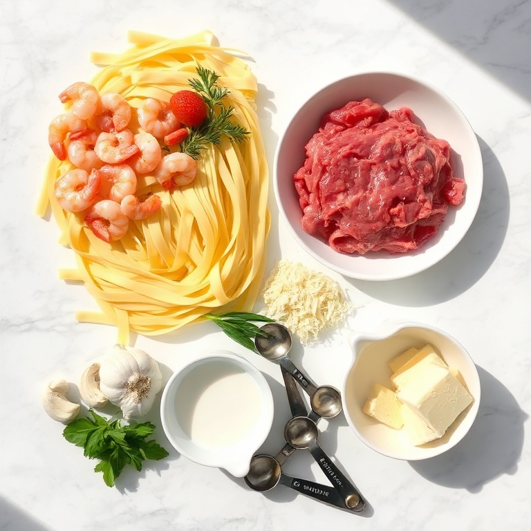 Fresh ingredients for Alfredo pasta: fettuccine, shrimp, steak, garlic, heavy cream, Parmesan, and butter. Measuring spoons and bowls sit on a white marble surface. Bright natural light shines on each item.