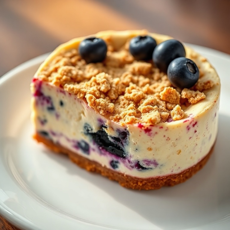 Blueberry Crumble Cheesecake in a round dish with a fresh blueberry garnish. Soft lighting highlights the texture.