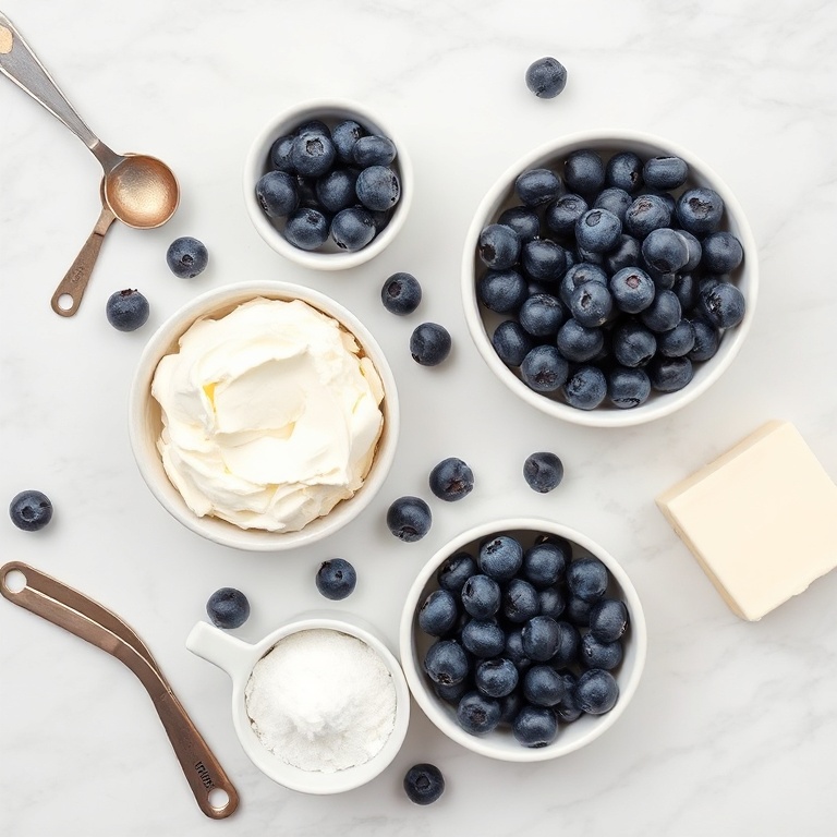 Blueberries, cream cheese, graham crackers, sugar, and butter arranged in an overhead flat lay. Measuring cups and spoons nearby.