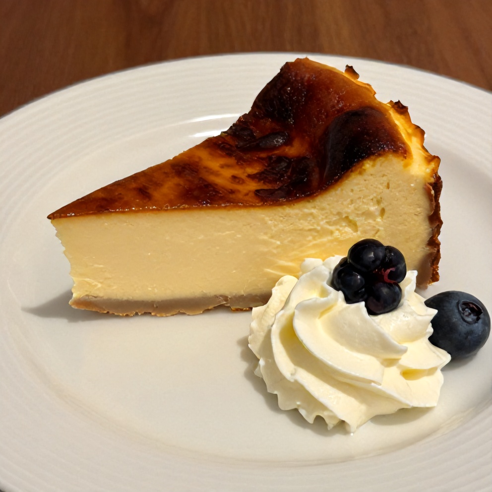Sliced burnt Basque cheesecake on a plate, ready to serve