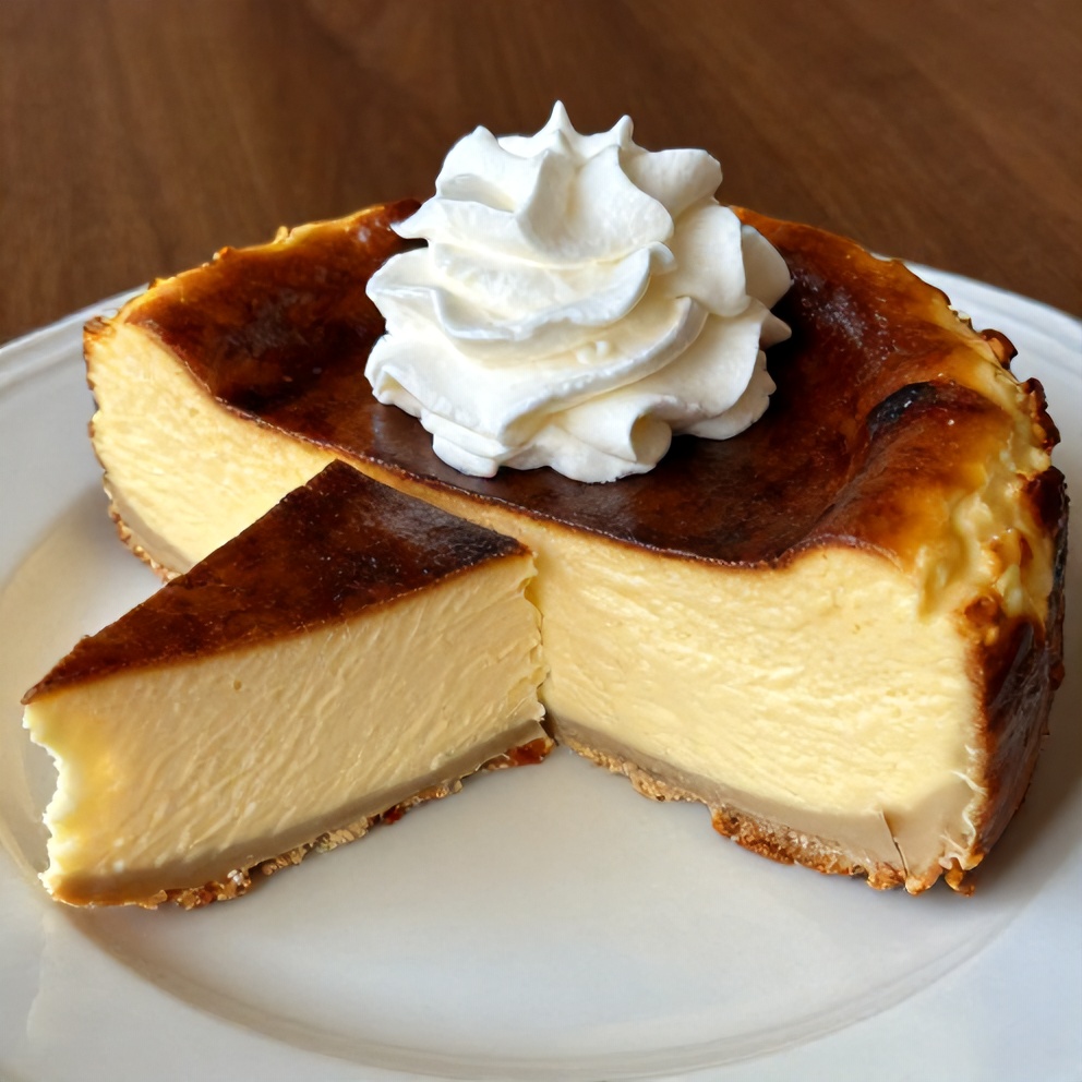 Sliced Burnt Basque Cheesecake on a plate with a dollop of whipped cream
