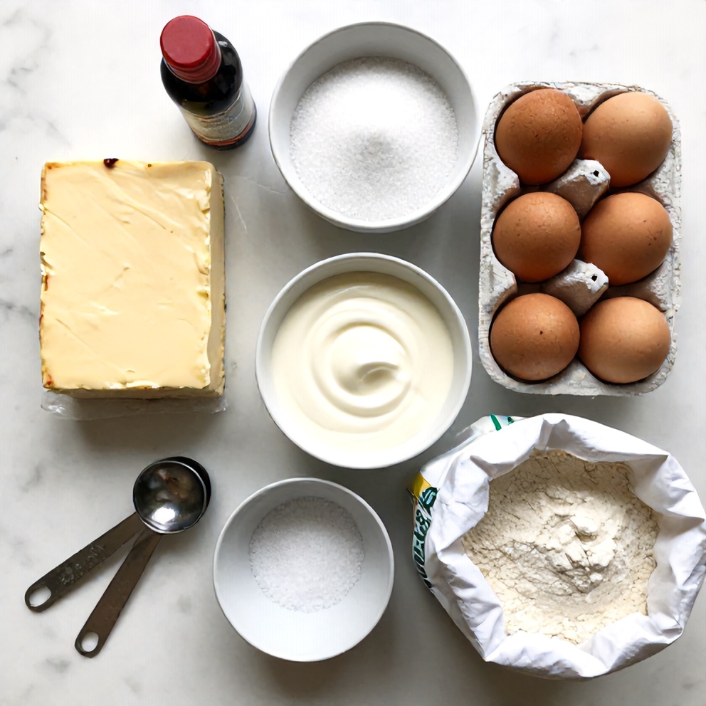 Raw ingredients for burnt Basque cheesecake: cream cheese, sugar, eggs, heavy cream, and flour