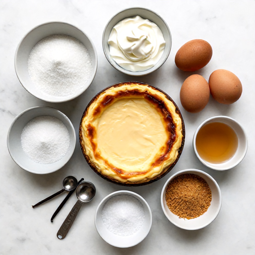 Raw ingredients for Burnt Basque Cheesecake: cream cheese, sugar, eggs, heavy cream, vanilla extract, salt, and graham cracker crumbs