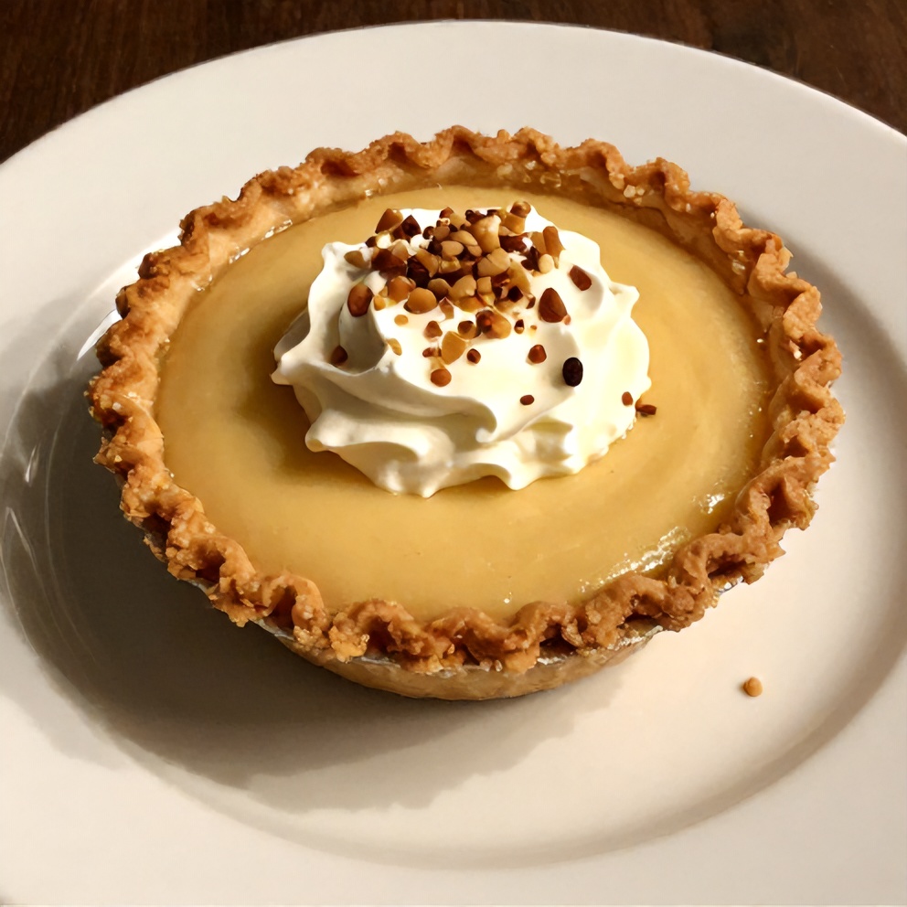 Sliced burnt honey pie with flaky oat crust on a plate