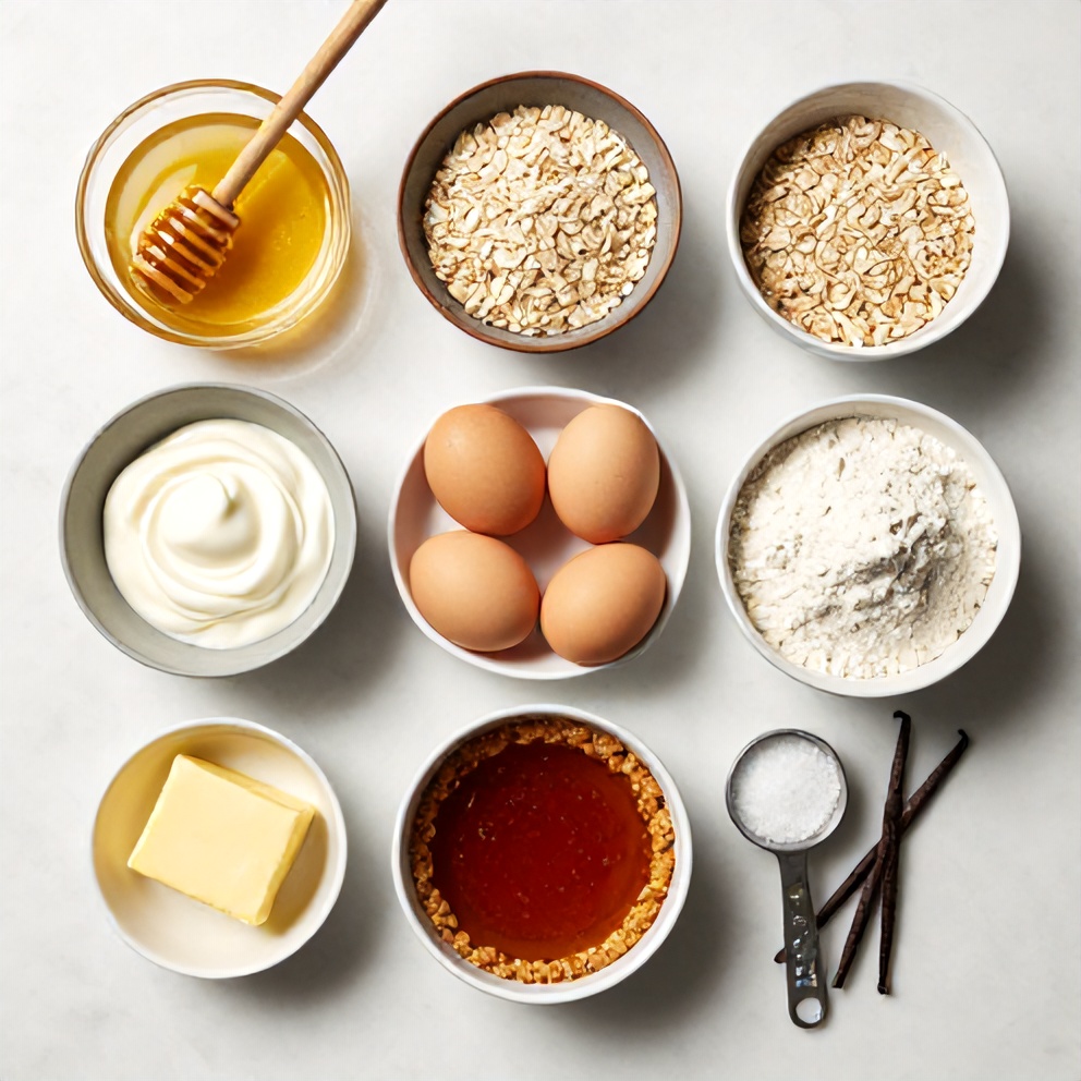 Raw ingredients for burnt honey pie with oat crust