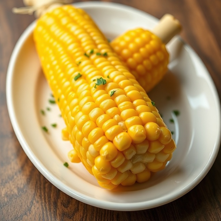 One ear of buttery corn on the cob placed on a white oval plate, sprinkled with chopped parsley, with melted butter glistening on the kernels.