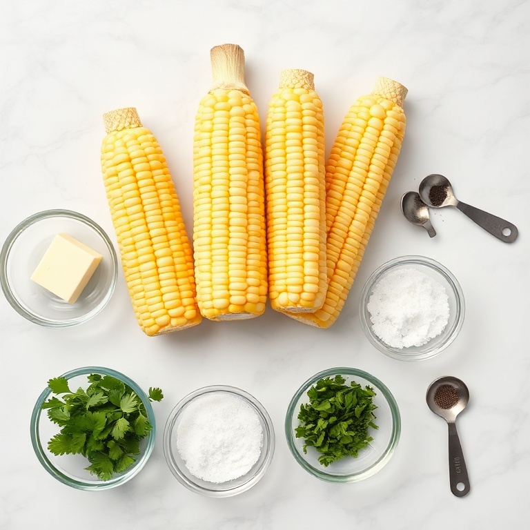 Overhead view of fresh corn on the cob, sticks of butter, salt, pepper, and parsley in prep bowls on a white marble surface.