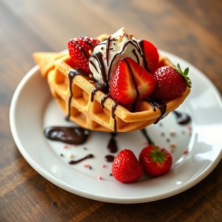 Perfectly plated campfire waffle cone dessert with strawberries and chocolate drizzle. Garnished with sprinkles on a white ceramic plate