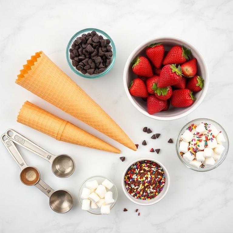 Raw ingredients for campfire waffle cone dessert: chocolate, strawberries, waffle cones, sprinkles, marshmallows. Measuring spoons and bowls visible on white marble surface