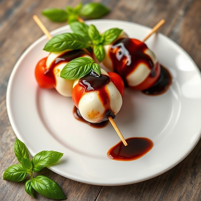 Caprese Skewers With Balsamic Glaze on a white plate. Basil leaves and balsamic glaze on top. Warm lighting highlights texture. Photorealistic food photography.