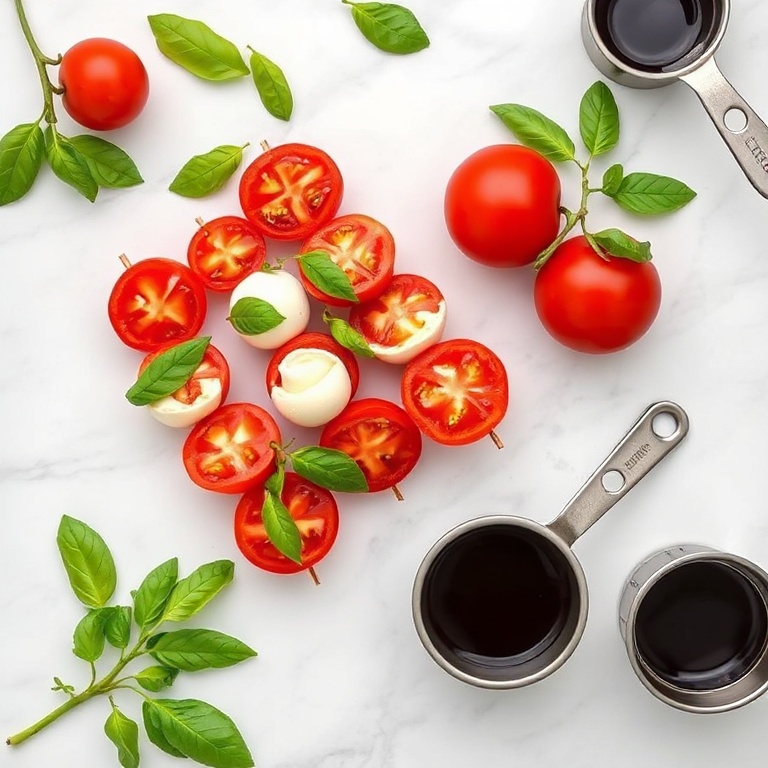 Fresh tomatoes, mozzarella, basil, skewers, and balsamic glaze arranged in an overhead flat lay. Measuring spoons and cups nearby. White marble surface. Bright even light.