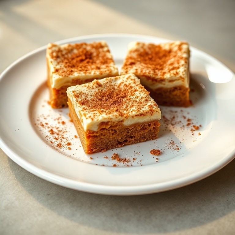 Perfectly plated carrot cake cream cheese bars with a dusting of cinnamon. A white plate with warm side lighting.