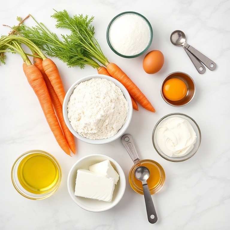Fresh carrots, flour, sugar, eggs, cream cheese, and butter arranged in a flat lay. Measuring tools and bowls visible.