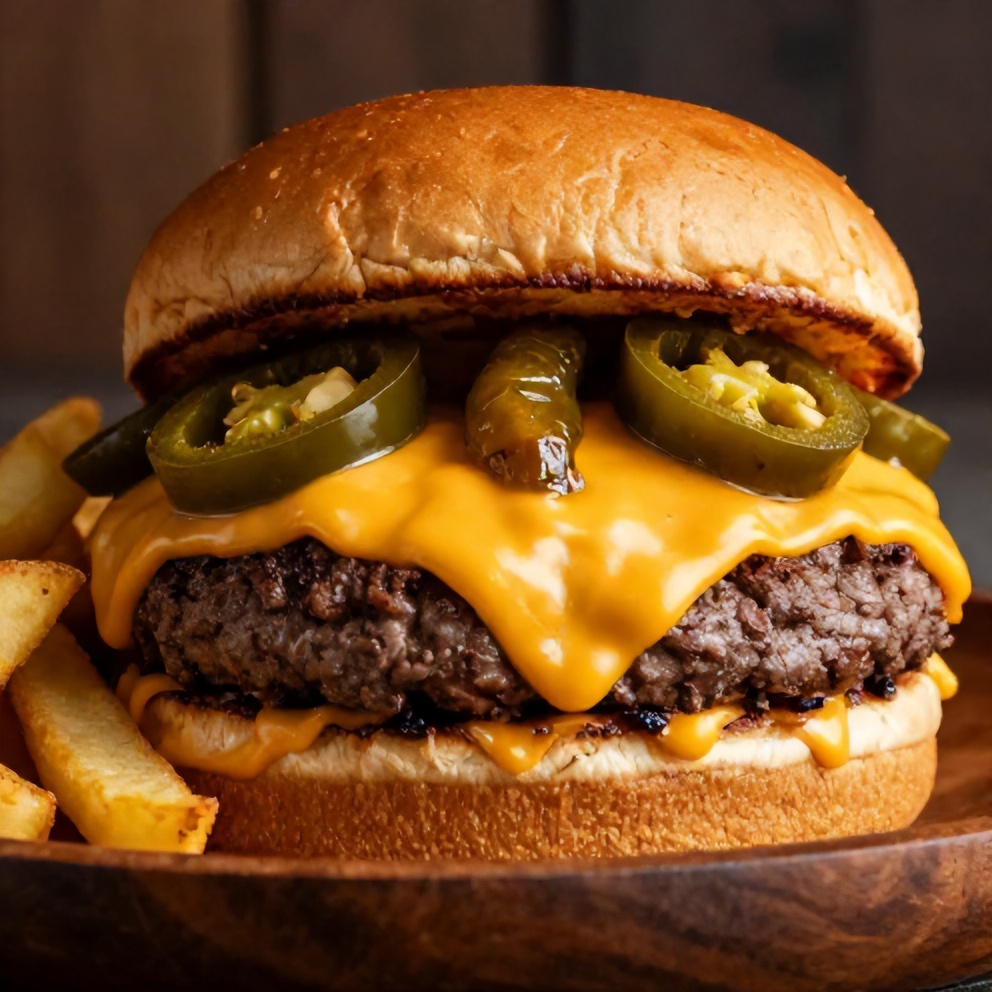 Plated Cheddar Jalapeño Burger with melted cheese, jalapeños, and a side of fries