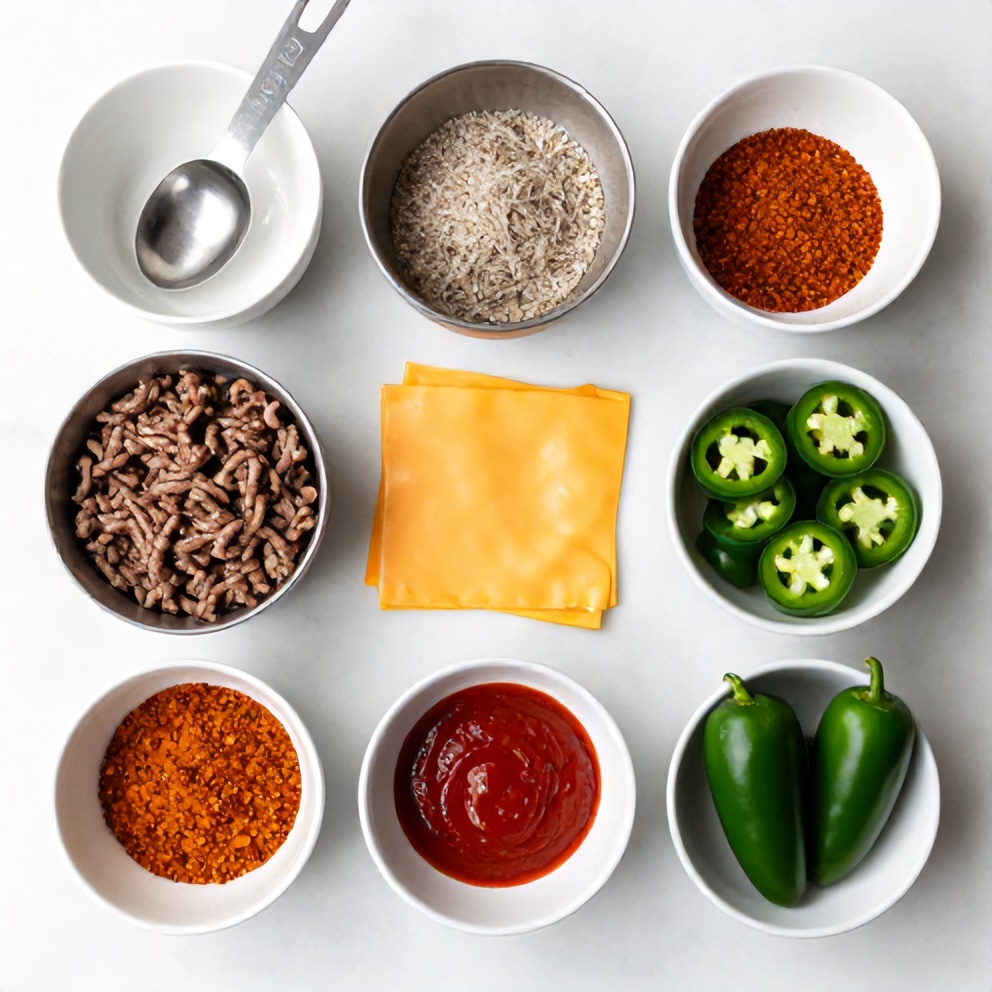 Raw ingredients for Cheddar Jalapeño Burgers including ground beef, cheddar cheese, jalapeños, and seasonings